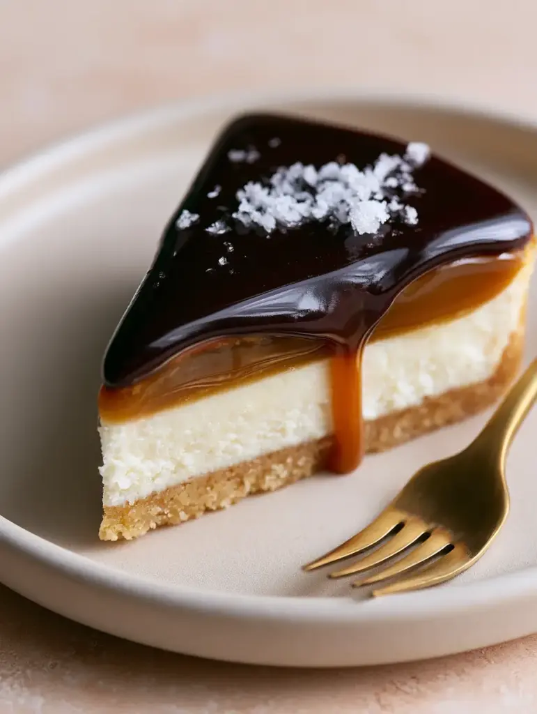 A single slice of millionaire cheesecake on a matte cream plate with a gold fork.