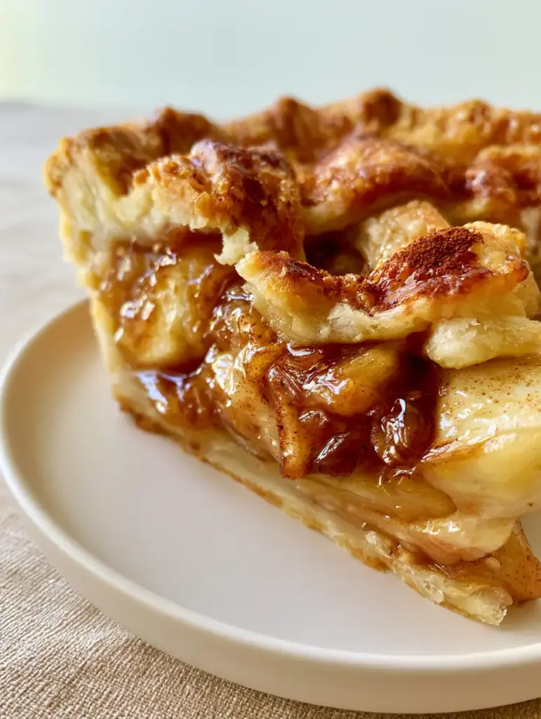 A golden-brown flaky lattice crust on a freshly baked apple pie with cinnamon dust.