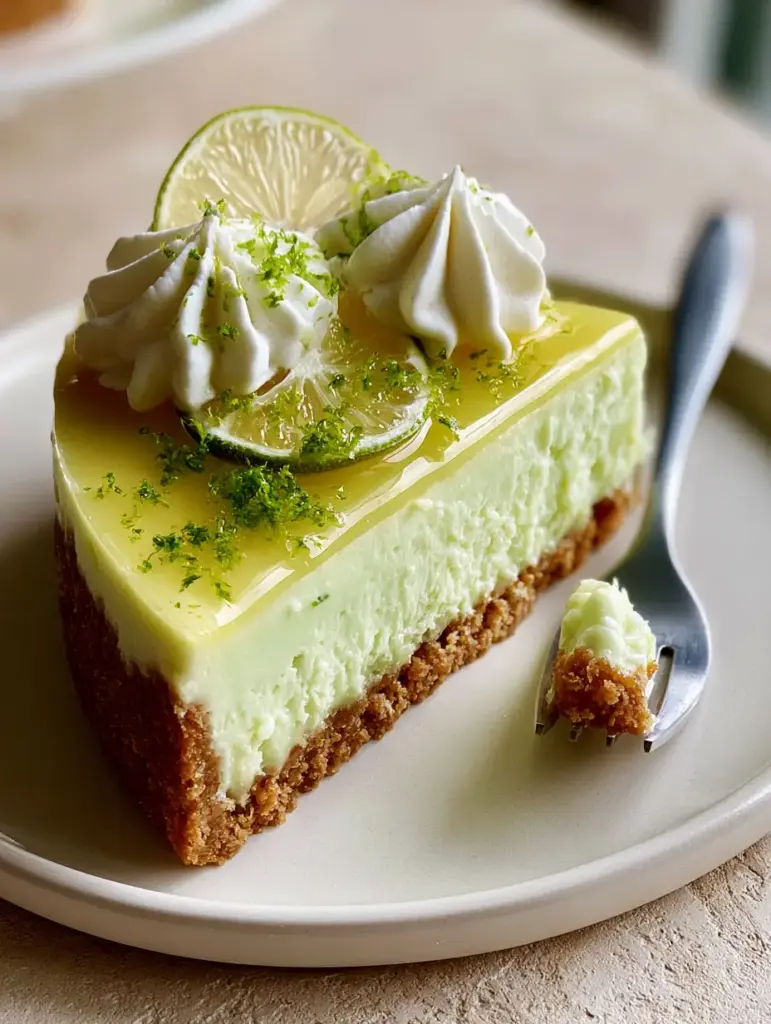 Angled view of Key Lime Cheesecake highlighting the glossy translucent lime curd glaze and piped white cream.