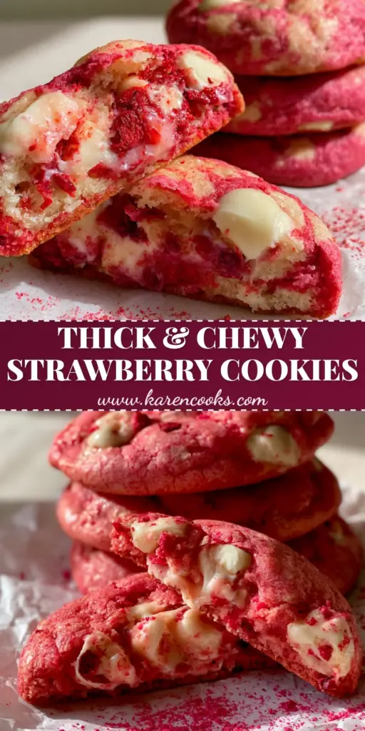 Strawberry White Chocolate Chip Cookies: Thick, Chewy, and Perfectly Pink 4 A stack of thick strawberry white chocolate chip cookies on crumpled white parchment paper with a gooey broken center.