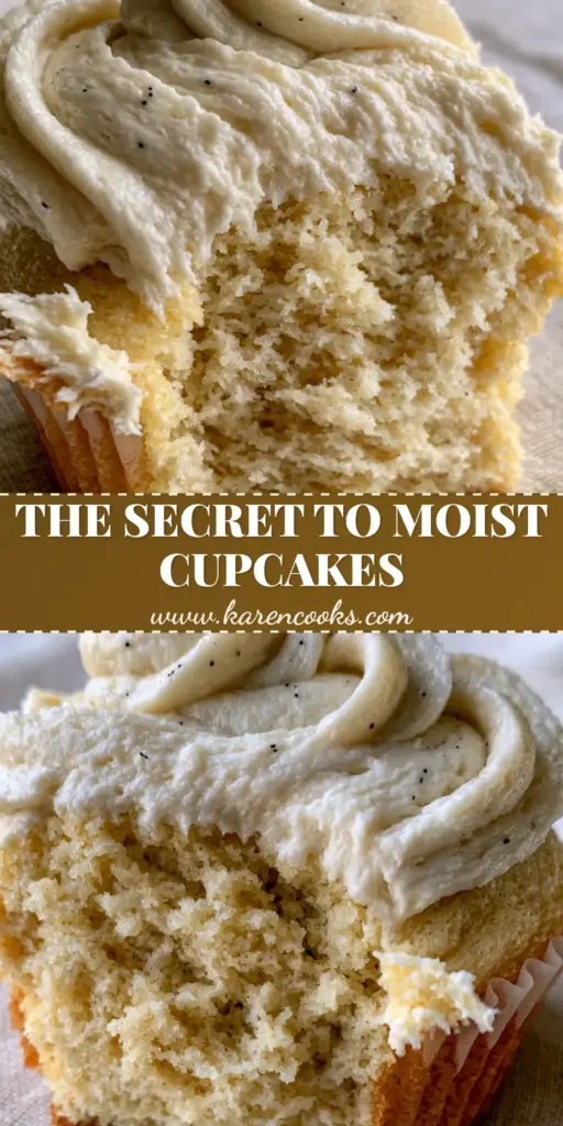 A close-up of a vanilla cupcake split in half, showing a moist, golden-yellow fine crumb and a tall ivory buttercream swirl with vanilla bean flecks.