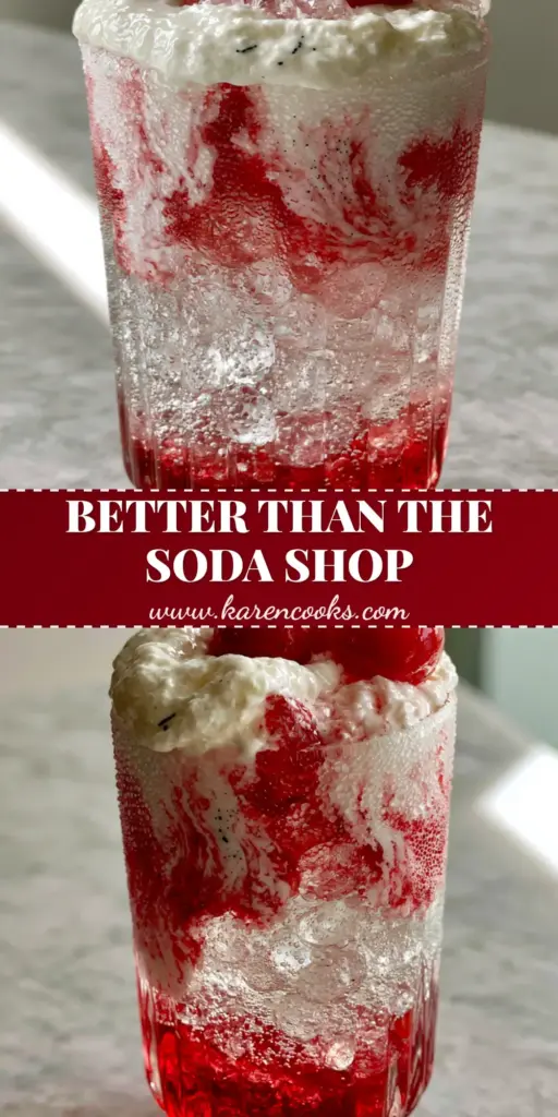 A layered cherry vanilla soda in a vintage ribbed glass with a thick cream cloud and maraschino cherries on top.