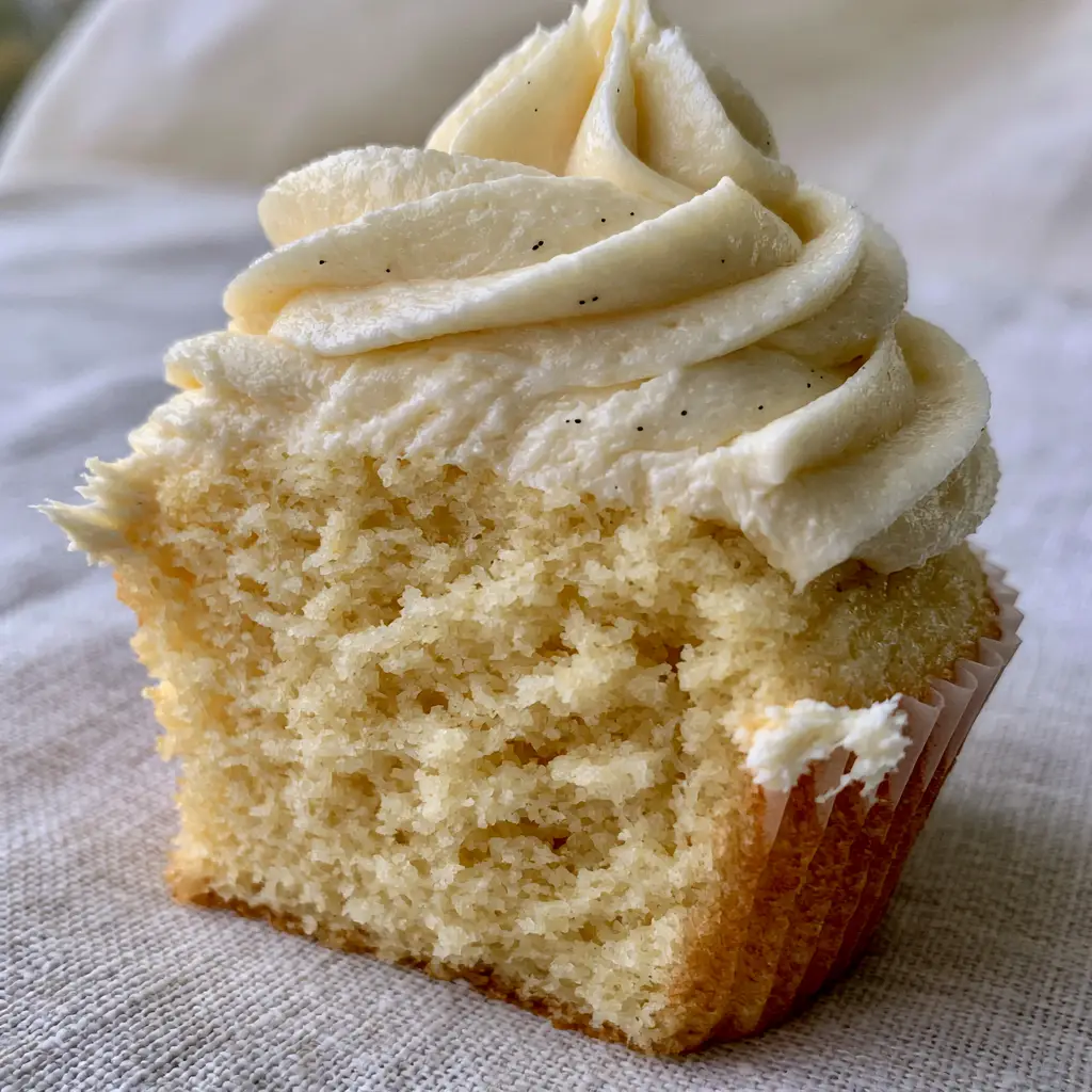 Professional ivory buttercream swirl with Madagascar vanilla bean flecks on a golden vanilla cupcake.