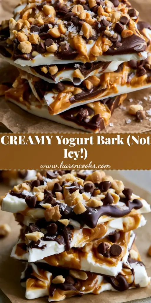 Stacked shards of peanut butter chocolate greek yogurt bark on rustic parchment paper with melted peanut butter swirls and sea salt.