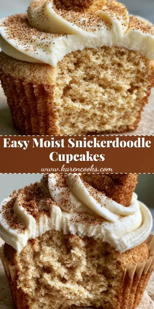 A close-up vertical shot of snickerdoodle cupcakes with high swirls of cream cheese frosting and cinnamon sugar dust.