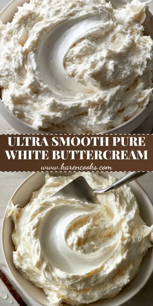 Buttercream Icing: The Ultimate Ultra-Smooth Vanilla Bean Recipe 4 A close-up of a white ceramic bowl filled with billowing clouds of bright white buttercream icing, showing a smooth s-curve made by a silver spatula.