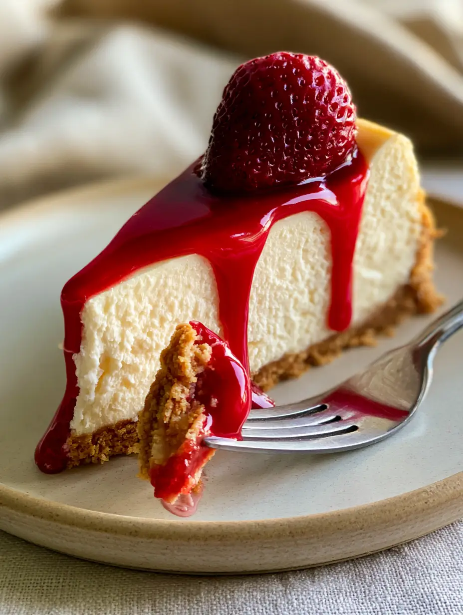 Handheld photo of a slice of classic cheesecake with strawberry glaze and a silver fork. (cheesecake recipes)