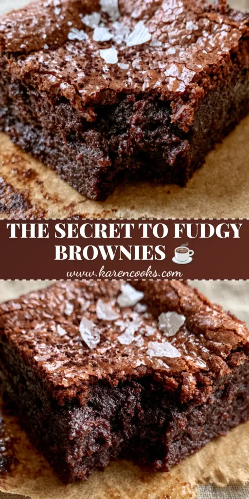Espresso Infused Brownies: The Ultimate Fudgy Dark Chocolate Recipe 4 A stack of Espresso Infused Brownies with a shiny crinkle top and sea salt flakes on brown parchment paper.