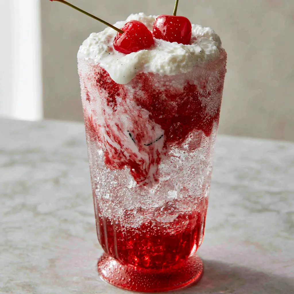 Top view of a cherry vanilla soda with heavy cream swirls and vanilla bean flecks on pebble ice.