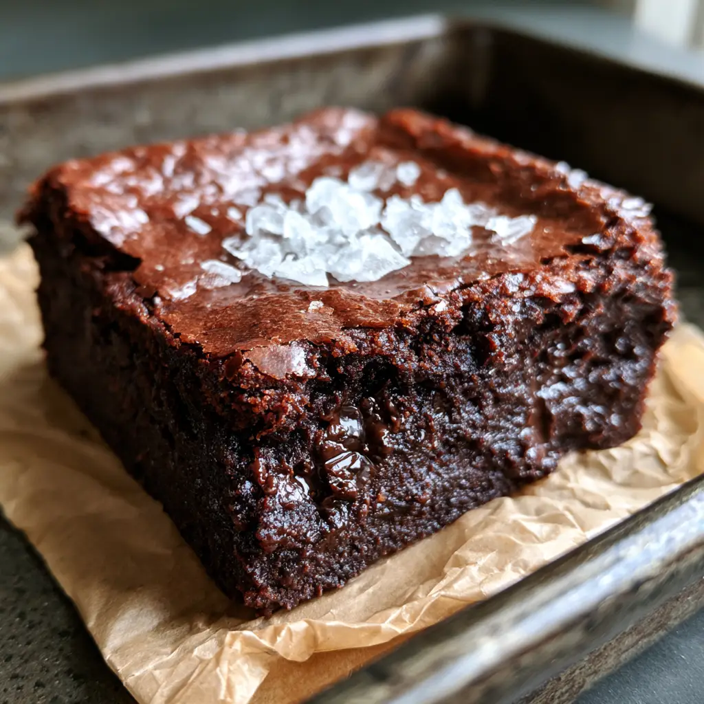 Extreme close-up of the paper-thin shiny crinkly top on a batch of 4-Ingredient Brownies.