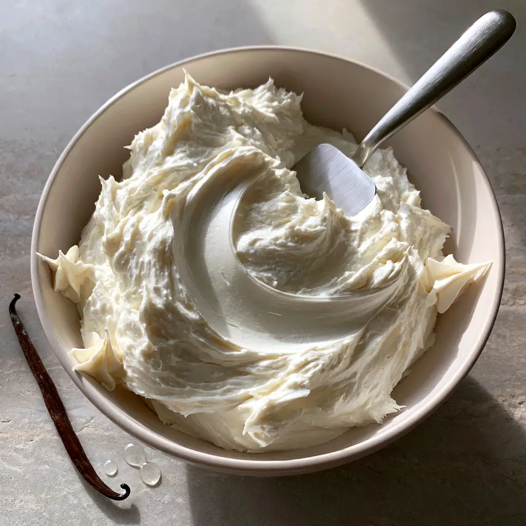 Buttercream Icing: The Ultimate Ultra-Smooth Vanilla Bean Recipe 2 Overhead view of stark white buttercream icing in a ceramic bowl with vanilla bean specks. (buttercream icing)