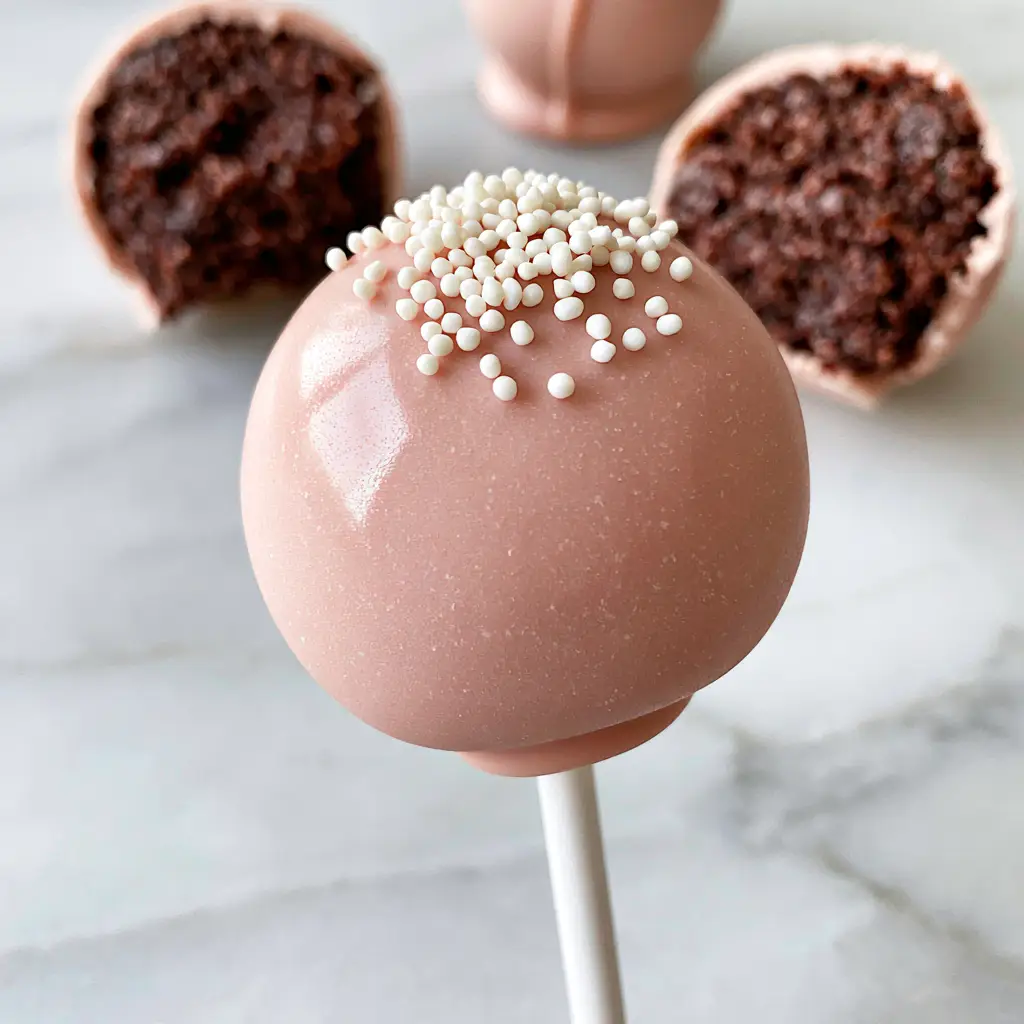 Cakepop Tutorial: How to Make Professional Pink Chocolate Cake Pops 2 A close-up of a pink cake pop showing the flawless matte finish taught in this Cakepop tutorial.