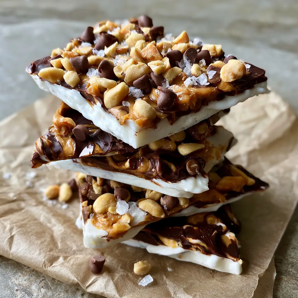 Eye-level shot of yogurt bark shards showing roasted peanuts and mini chocolate chips on a stone background.