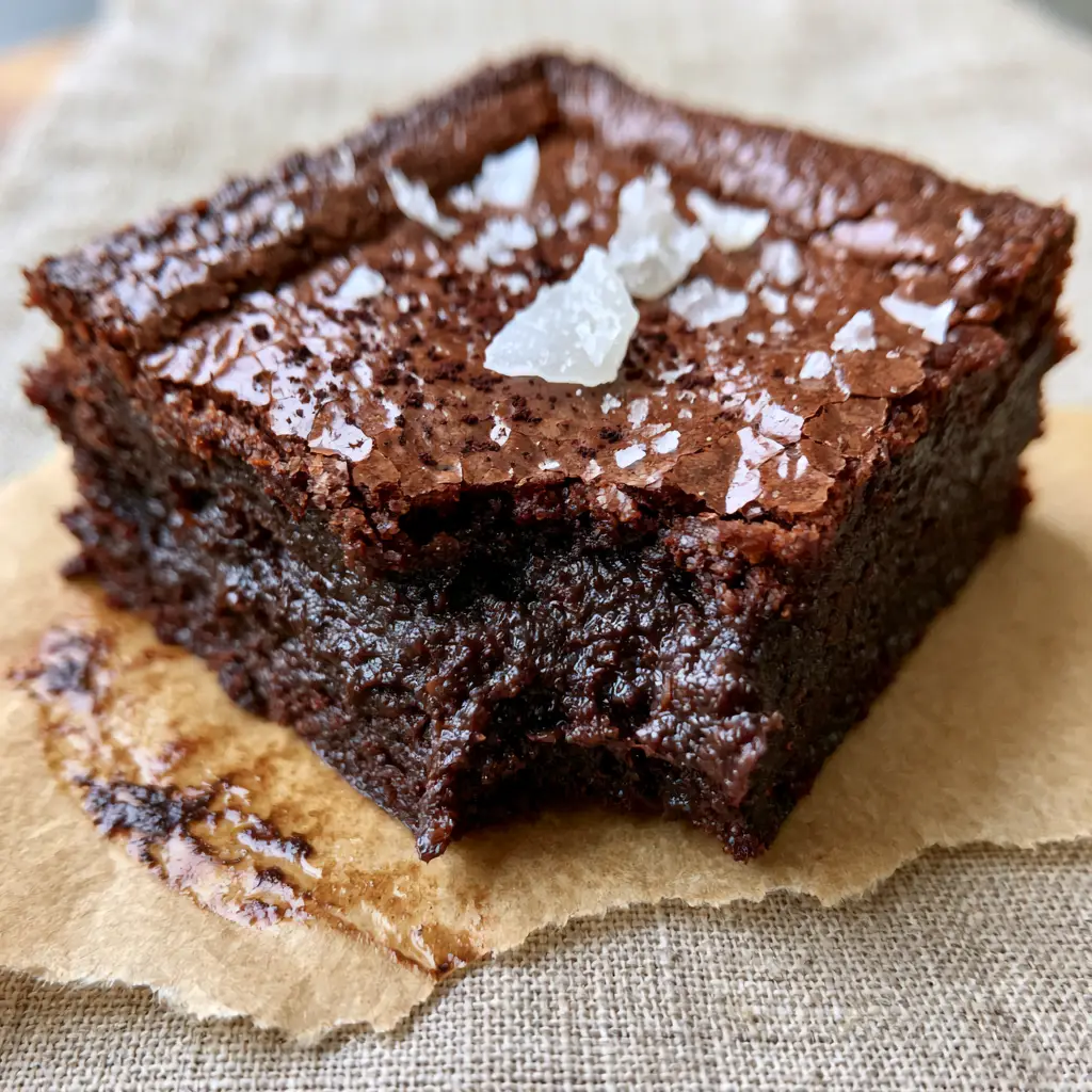 Espresso Infused Brownies: The Ultimate Fudgy Dark Chocolate Recipe 2 Macro shot of an Espresso Infused Brownie square with a bite taken out, showing the moist truffle-like interior.