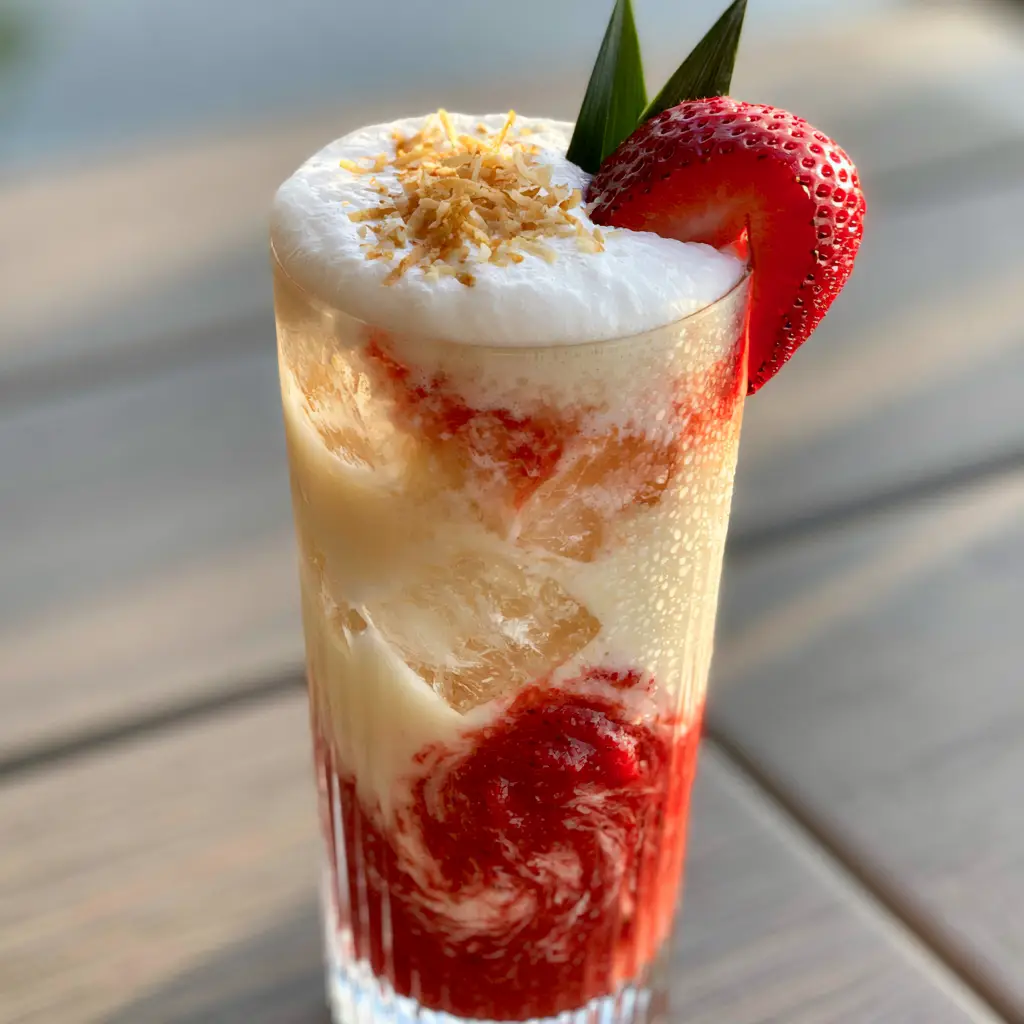 Strawberry Piña Colada Punch with Vibrant Crimson Swirls 1 Close up of the garnishes on a Strawberry Piña Colada Punch including toasted coconut flakes, a notched strawberry, and a pineapple leaf.