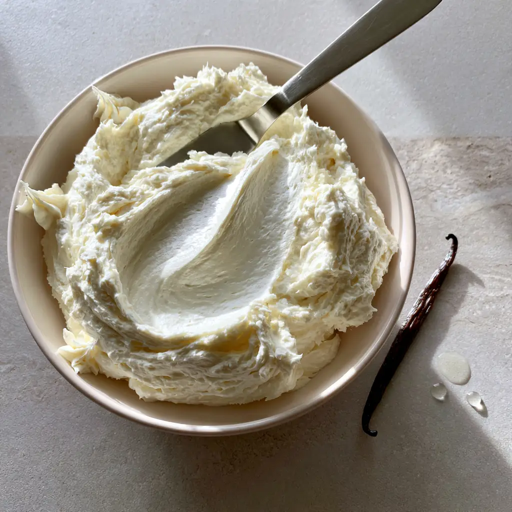 Buttercream Icing: The Ultimate Ultra-Smooth Vanilla Bean Recipe 1 Close up of a silver offset spatula submerged in creamy white buttercream icing.