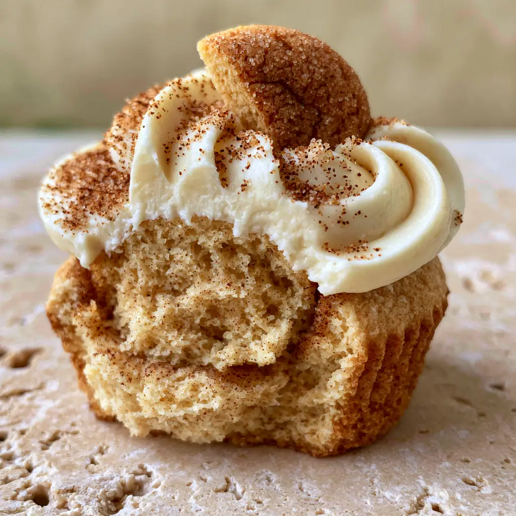 Top view of snickerdoodle cupcakes with sparkling cinnamon sugar dust and cookie wedges.