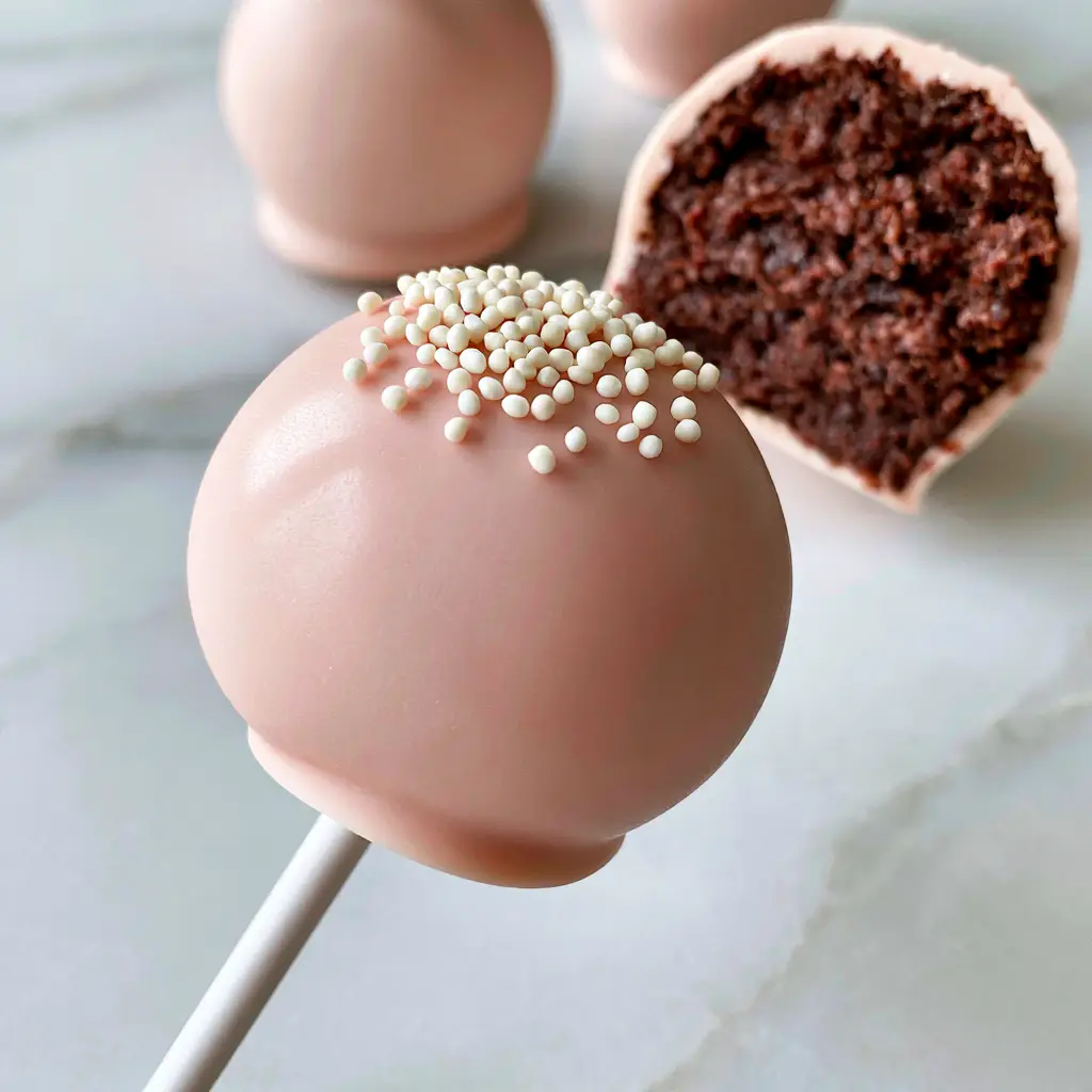 Cakepop Tutorial: How to Make Professional Pink Chocolate Cake Pops 1 A halved cake pop revealing a moist chocolate interior and a thick pink coating.