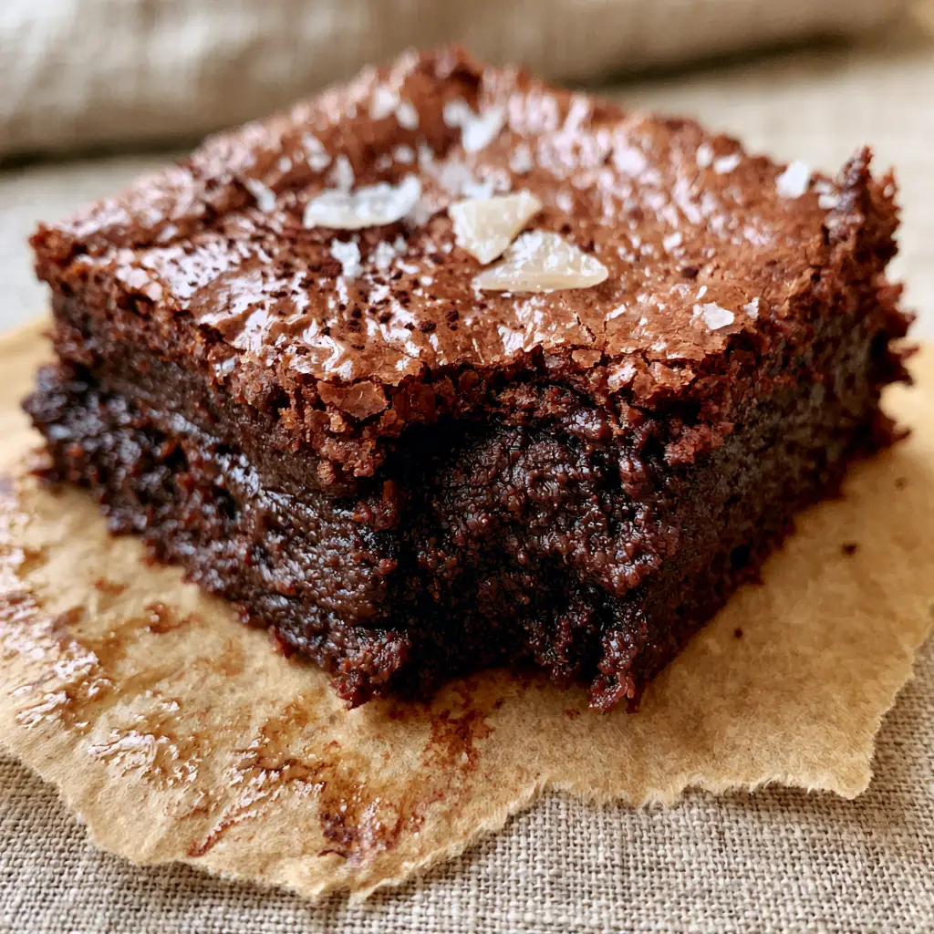 Espresso Infused Brownies: The Ultimate Fudgy Dark Chocolate Recipe 1 Extreme close-up of a shiny crackled brownie top with espresso powder and flaky salt crystals.