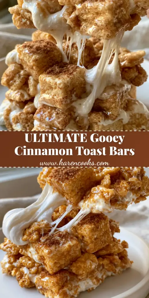 A tall stack of Cinnamon Toast Crunch Bars on a matte white plate, featuring a dramatic marshmallow pull with visible white sticky webbing.