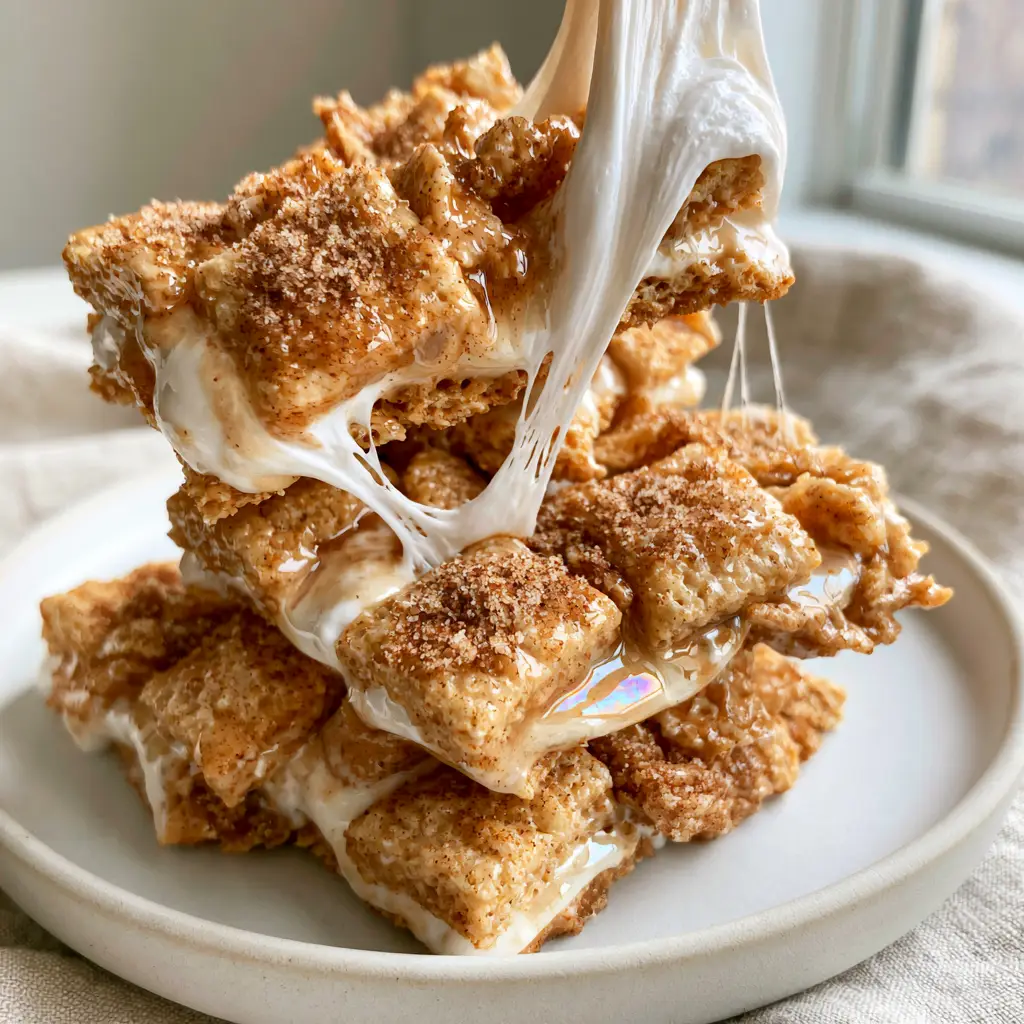 A handheld photo of Cinnamon Toast Crunch Bars being pulled apart, showing thick marshmallow webbing and fine cinnamon sugar crystals.