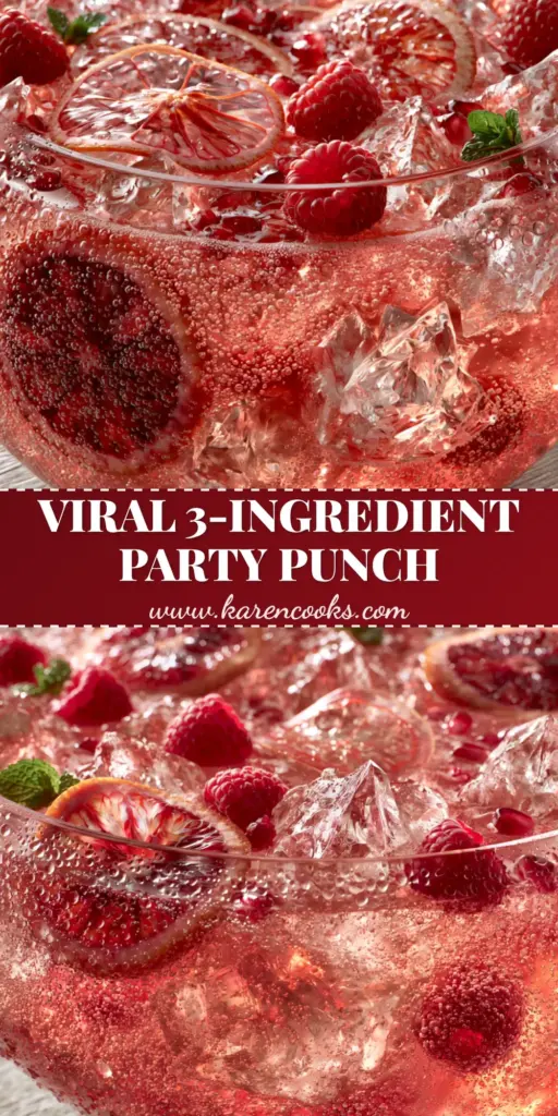 A large modern glass bowl of Non-Alcoholic Party Punch with rose-pink liquid, blood orange wheels, and raspberries. (Non-Alcoholic Party Punch)