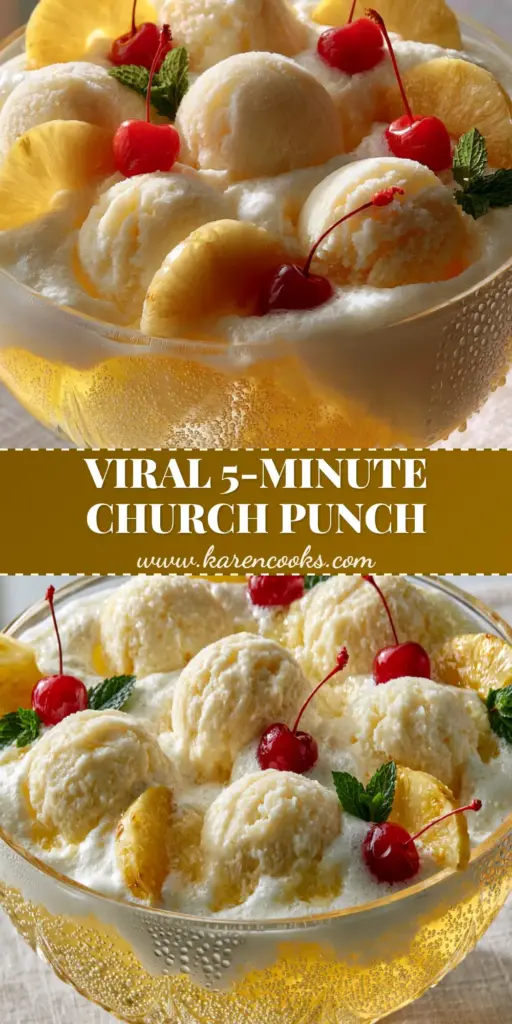Baptist Church Party Punch: The Ultimate Fizzy Pineapple Sherbet Refreshment 4 A vertical shot of Baptist Church Party Punch in a crystal bowl with ivory sherbet scoops and red cherries.