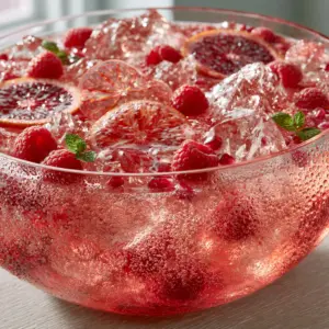 Close up of sparkling pink punch bubbles and translucent blood orange slices. (Non-Alcoholic Party Punch)