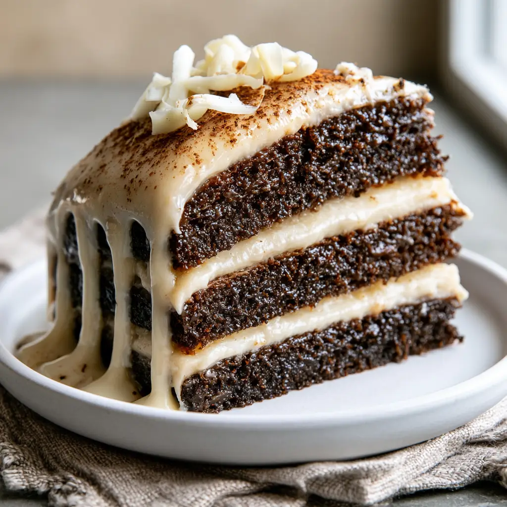 Side view of White Chocolate Mocha Cake showing the glossy white chocolate mocha ganache drip.