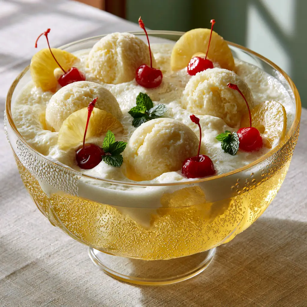 Baptist Church Party Punch: The Ultimate Fizzy Pineapple Sherbet Refreshment 2 Close up of effervescent bubbles and frothy cream foam in a Baptist Church Party Punch bowl.