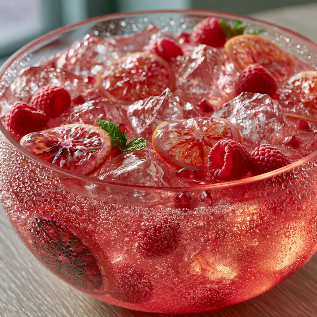 Jagged artisanal ice cubes floating in a vibrant rose-pink party punch with mint garnish.
