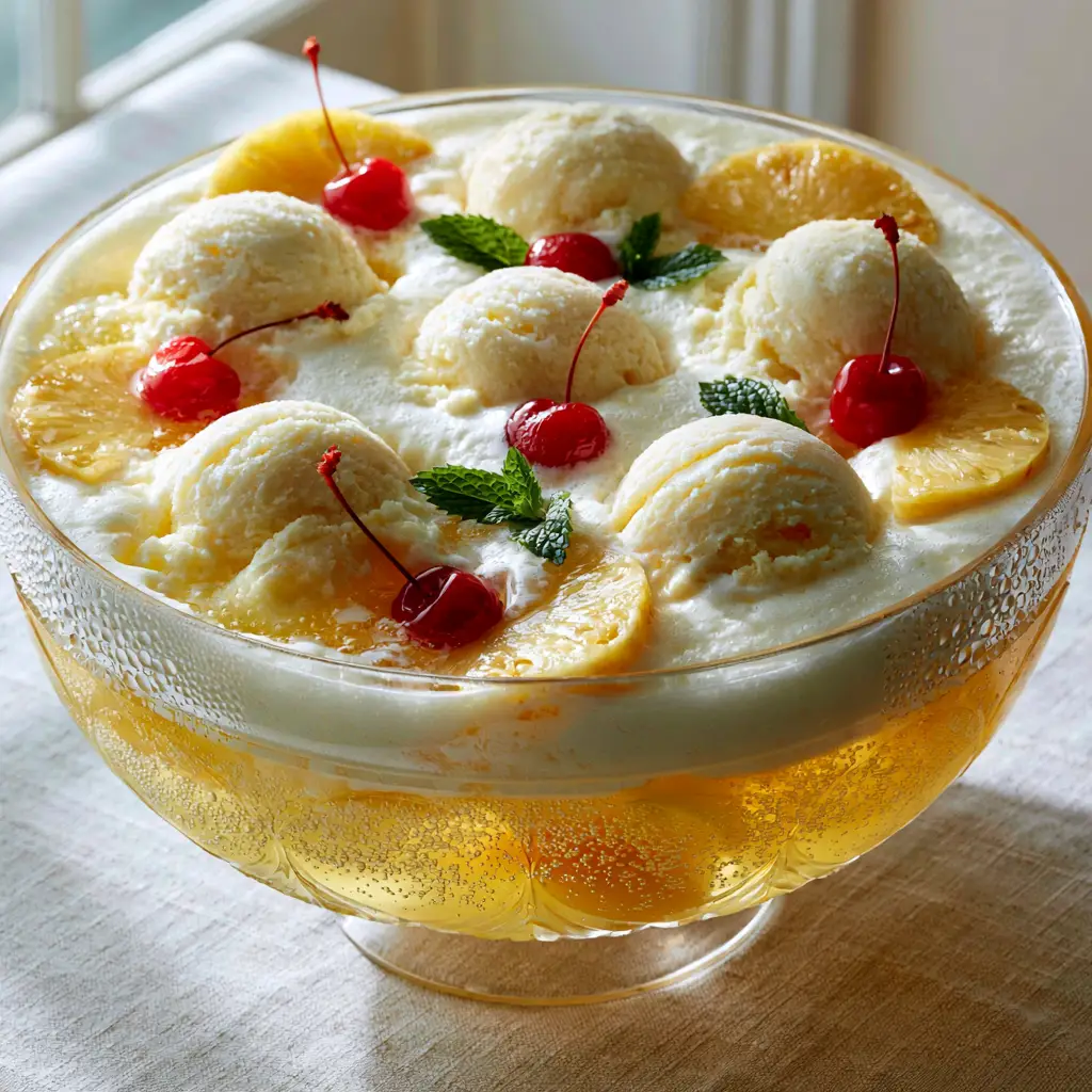 Baptist Church Party Punch: The Ultimate Fizzy Pineapple Sherbet Refreshment 1 A vintage crystal bowl of Baptist Church Party Punch garnished with pineapple slices and mint.