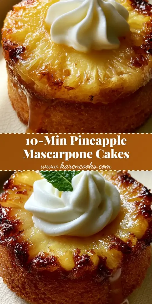 A close-up vertical shot of Pineapple Mascarpone Mini Cakes showing a golden sponge base, a caramelized pineapple ring, and a dollop of white cream topped with mint.