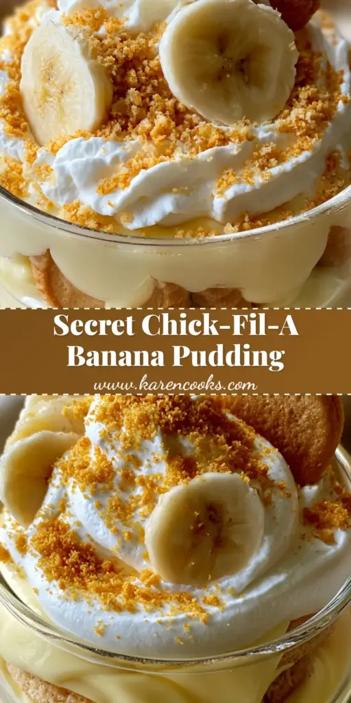 Chick-Fil-A Banana Pudding: The Ultimate Creamy Copycat Recipe 4 A premium clear glass cup overflowing with Chick-Fil-A banana pudding, topped with whipped cream, banana slices, and two vanilla wafers.