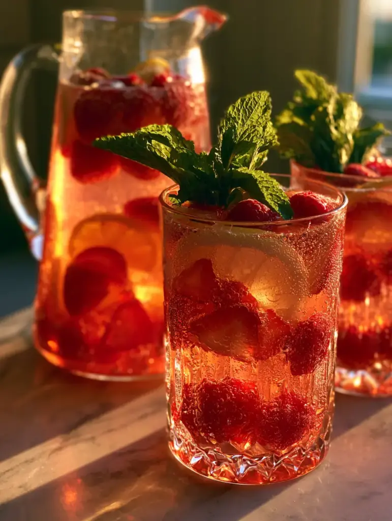 Sparkling Berry Lemonade Punch: The Ultimate Refreshing Summer Drink 2 Glowing pink sparkling berry lemonade punch in crystal tumblers with pebble ice and fresh mint. (sparkling berry lemonade punch)