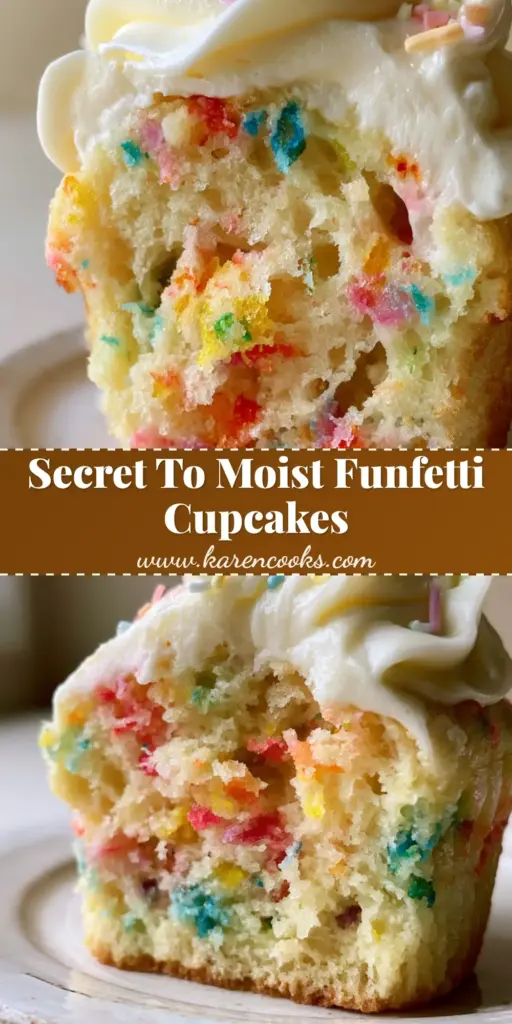 A tall, frosted funfetti cupcake with a generous swirl of white buttercream and pastel rainbow sprinkles on a white plate.