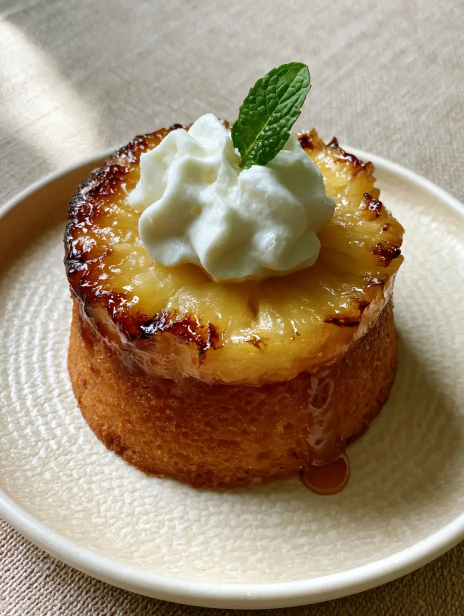 Individual Pineapple Mascarpone Mini Cake on a cream ceramic plate with caramel glaze dripping down the side.