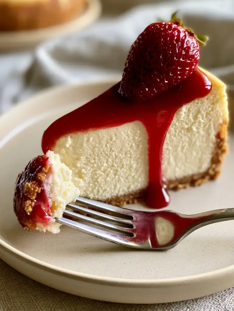 A slice of cheesecake on a beige ceramic plate featuring a thick golden graham cracker crust and vibrant red glaze.