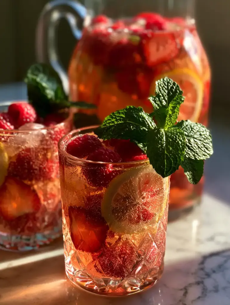 Sparkling Berry Lemonade Punch: The Ultimate Refreshing Summer Drink 1 A pitcher of sparkling berry lemonade punch showing layers of fruit and condensation droplets.