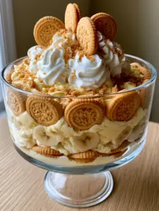 Eye-level view of Southern banana pudding showing distinct layers of golden butter cookies and velvety cream cheese pudding. (Paula Deen’s Banana Pudding)