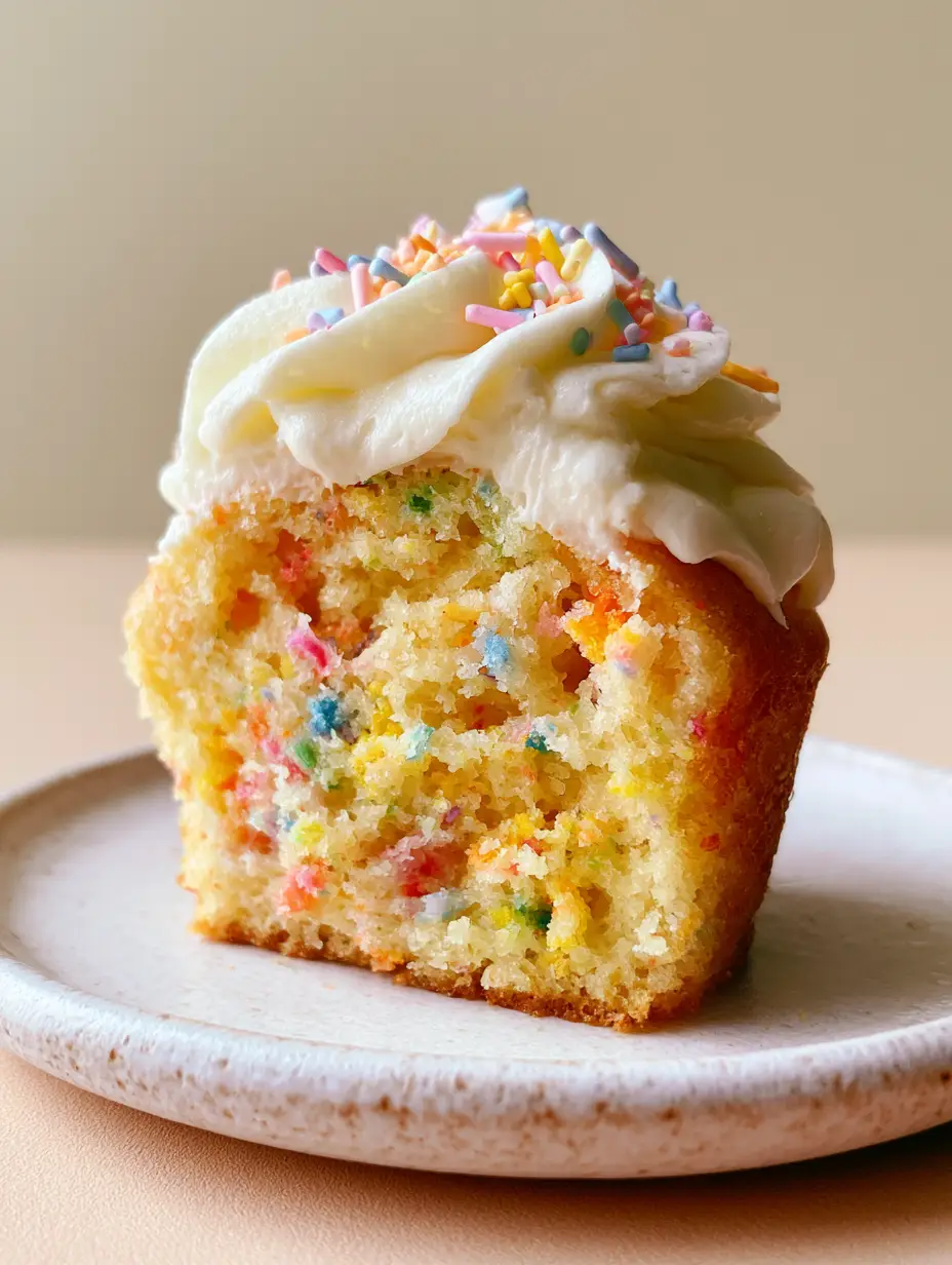 Close-up of a funfetti cupcake cut in half showing a fluffy golden-yellow crumb and suspended rainbow sprinkles.