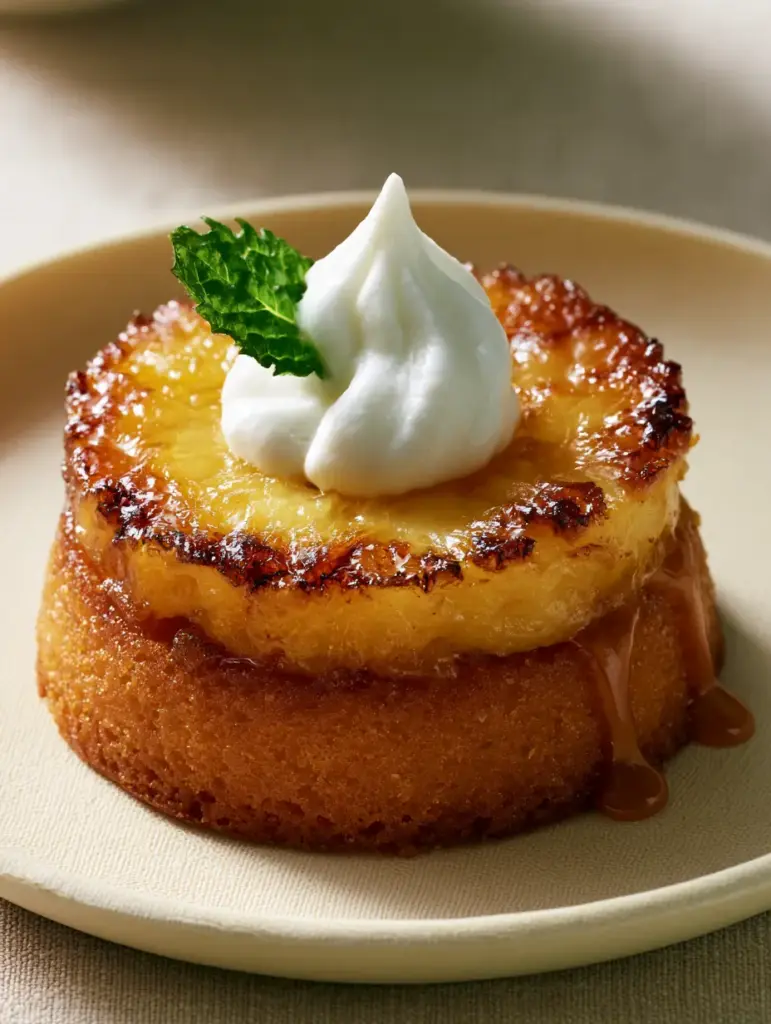 Close up of the texture of the golden sponge and the glossy caramel glaze on the Pineapple Mascarpone Mini Cakes.