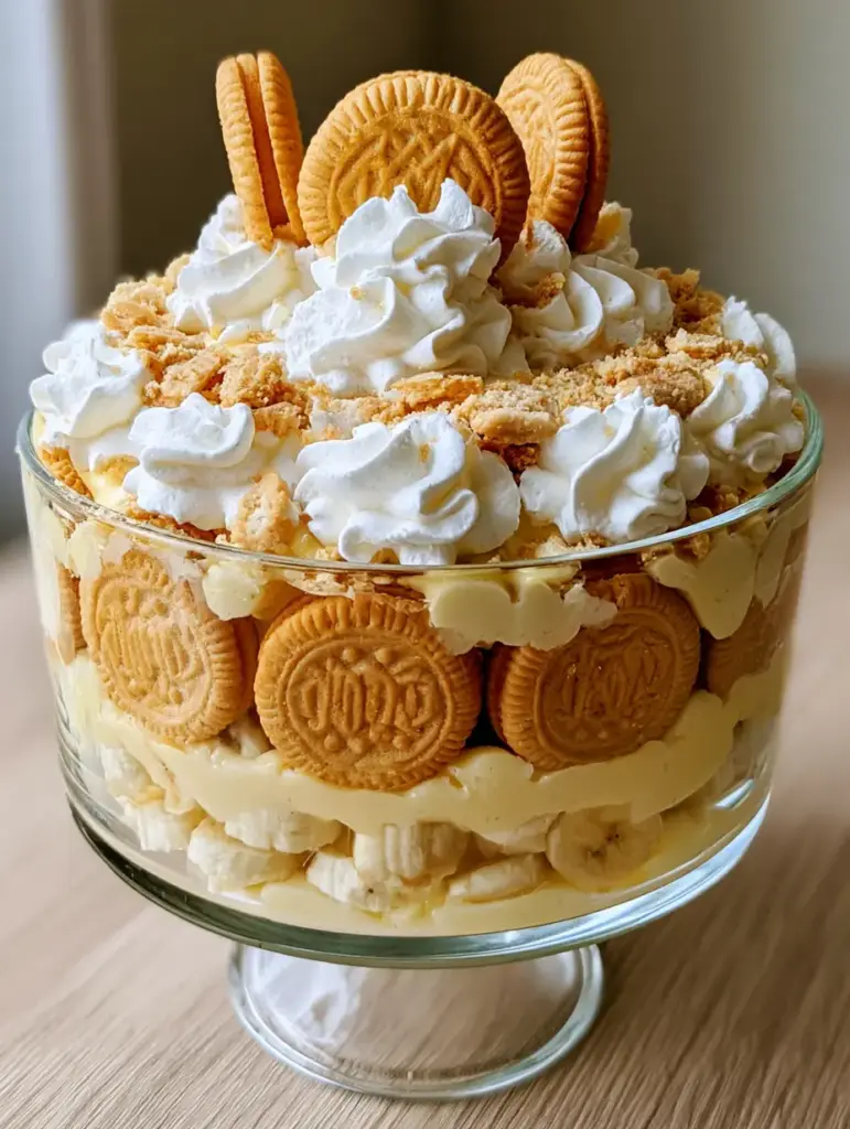 Paula Deen’s Banana Pudding: The Ultimate Creamy Southern Classic 1 Close up of billowy whipped cream and embossed butter cookies on top of Paula Deen’s Banana Pudding.