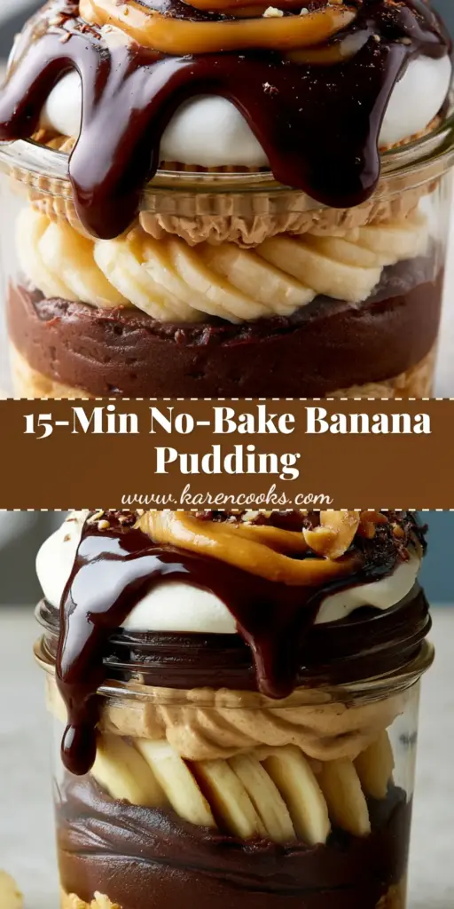 A close-up of a Chocolate Peanut Butter Banana Pudding jar with visible layers of wafer crust, chocolate pudding, banana slices, and peanut butter mousse topped with drizzle.