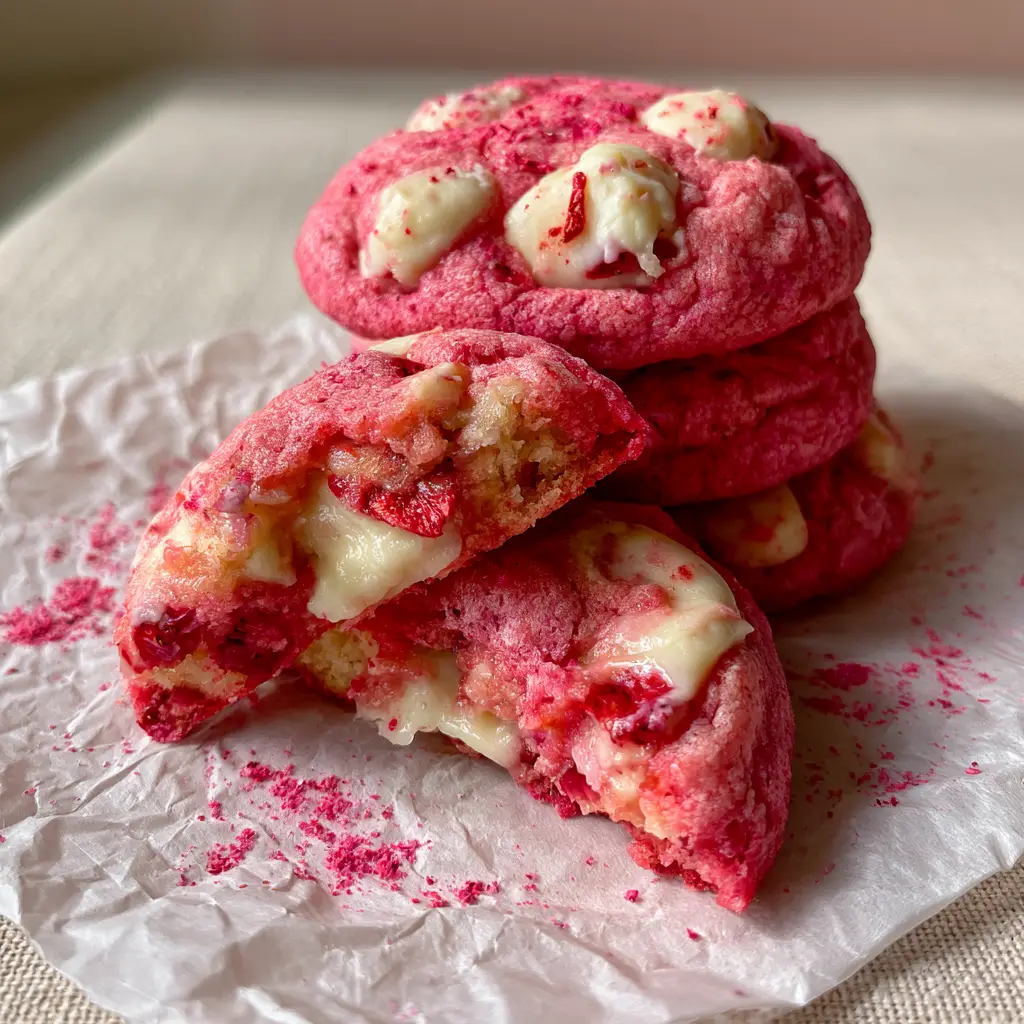 Strawberry White Chocolate Chip Cookies: Thick, Chewy, and Perfectly Pink 2 Macro photo of thick pink strawberry white chocolate chip cookies showing matte tops and red strawberry flecks.
