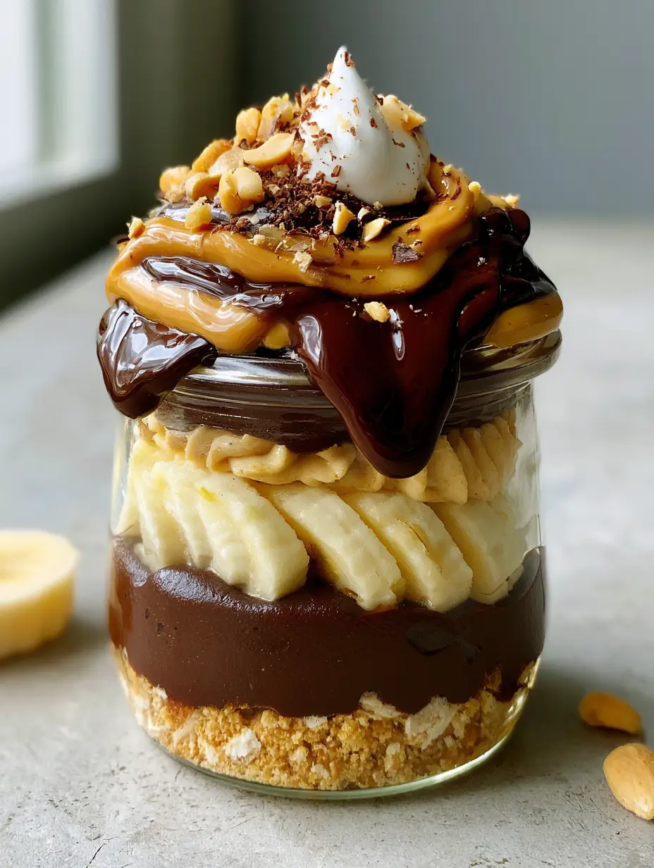 A smartphone-style eye-level shot of a single serving of Chocolate Peanut Butter Banana Pudding showing thick chocolate and peanut butter drizzles.