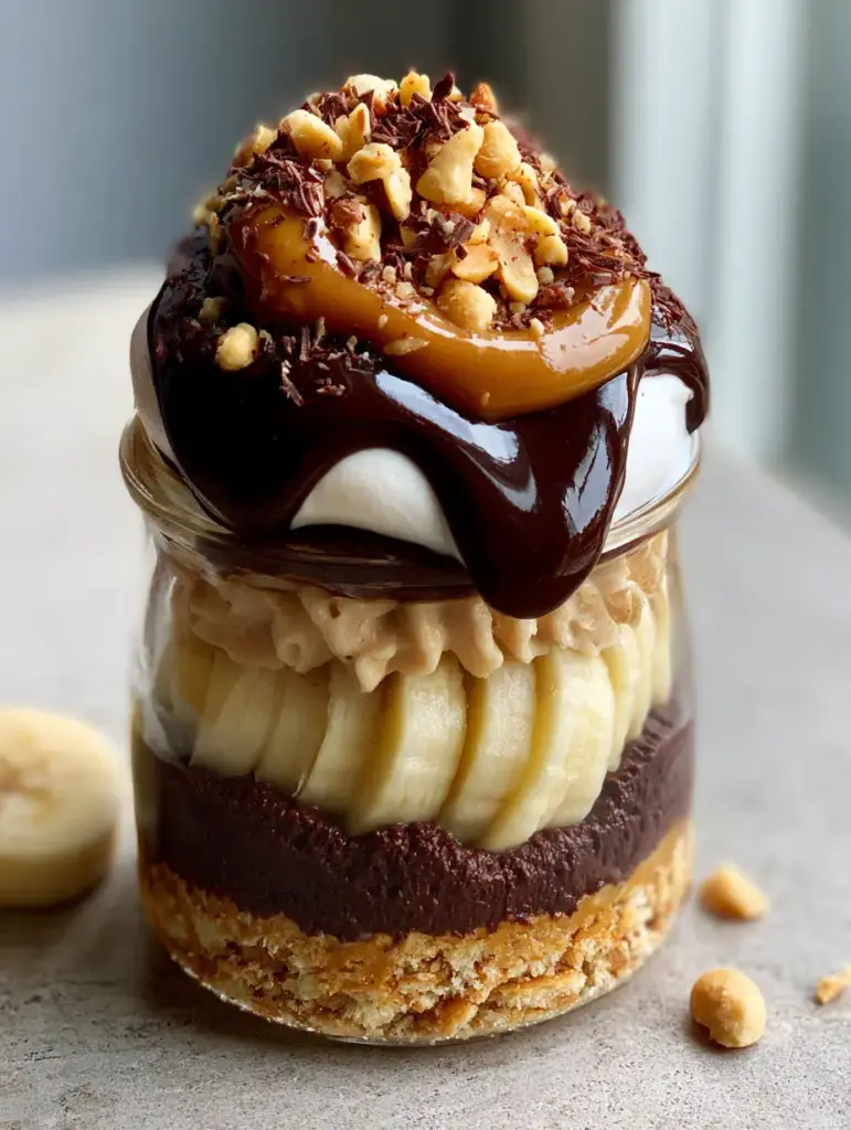 Detailed view of the dark chocolate shavings and toasted peanuts on top of the Chocolate Peanut Butter Banana Pudding.