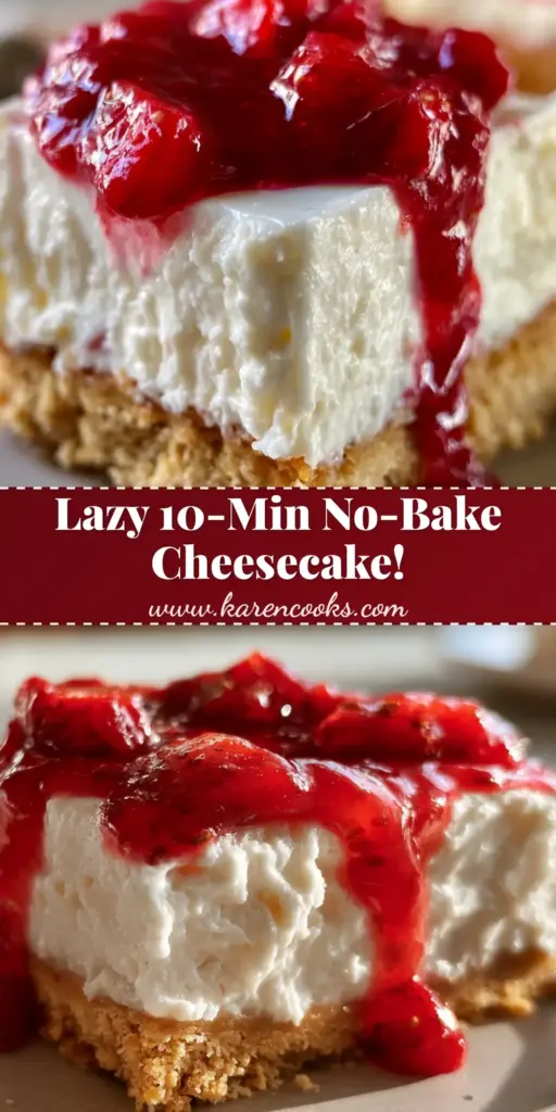 A close-up vertical shot of a no bake cheesecake bar with a thick crust and glossy strawberry compote dripping down the side.