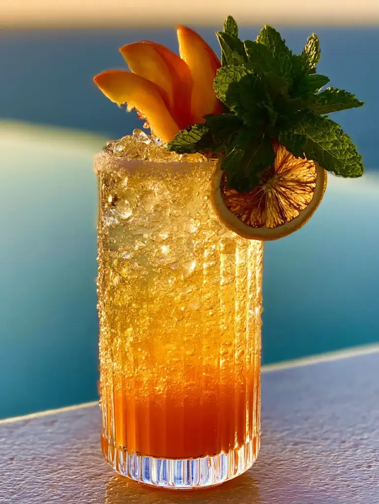 Beach Peach Lemonade Cocktail: The Ultimate Sunset-Inspired Summer Refresher 2 Close-up of a Beach Peach Lemonade Cocktail showing the thick peach puree base and sparkling lemonade layer with condensation beads. (Beach Peach Lemonade Cocktail)