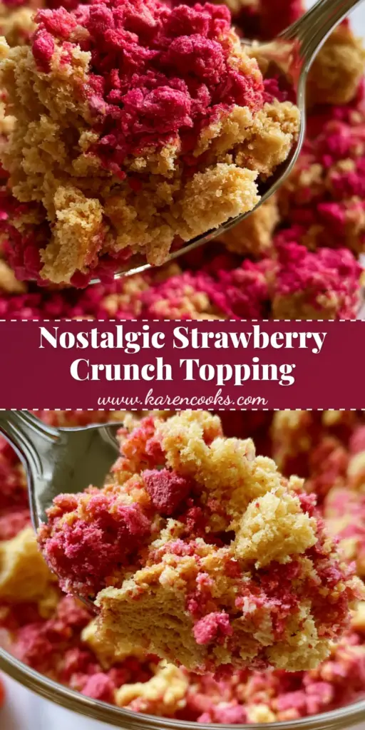 A close-up shot of a silver spoon scooping crunchy Strawberry shortcake topping with golden cookie chunks and pink strawberry bits.